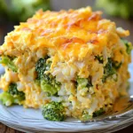 CHEESY CHICKEN BROCCOLI AND RICE CASSEROLE centered hero view, clean and uncluttered