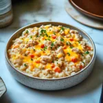 CHEESY INSTANT POT CHICKEN AND RICE centered hero view, clean and uncluttered