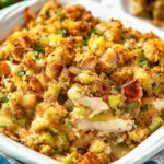 CHICKEN AND STUFFING CASSEROLE centered hero view, clean and uncluttered