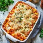 CHICKEN PARMESAN CASSEROLE recipe, served and ready to eat, easy homemade dinner