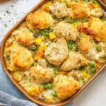 CREAMY CHICKEN AND BISCUIT CASSEROLE centered hero view, clean and uncluttered