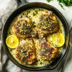 CREAMY LEMON GARLIC CHICKEN THIGHS centered hero view, clean and uncluttered