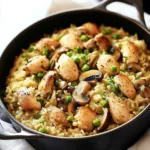 CREAMY ONE POT CHICKEN RICE AND MUSHROOMS centered hero view, clean and uncluttered