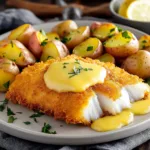 CRISPY BATTERED COD WITH LEMON BUTTER SAUCE AND ROASTED POTATOES centered hero view, clean and uncluttered