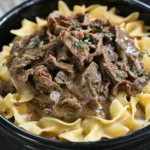CROCK POT BEEF AND NOODLES centered hero view, clean and uncluttered
