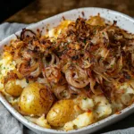 FRENCH ONION FUNERAL POTATOES centered hero view, clean and uncluttered