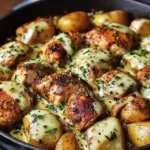 GARLIC PARMESAN CHICKEN AND POTATOES SKILLET centered hero view, clean and uncluttered
