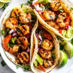 GRILLED SHRIMP TACOS centered hero view, clean and uncluttered