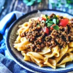 GROUND BEEF TURKISH PASTA recipe, served and ready to eat, easy homemade dinner