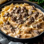 HIGH PROTEIN CREAMY BEEF PASTA centered hero view, clean and uncluttered