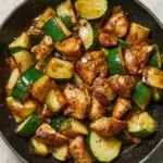 HONEY GARLIC CHICKEN AND ZUCCHINI SKILLET centered hero view, clean and uncluttered