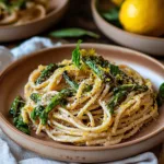 LEMON ASPARAGUS PASTA EASY SPRING DINNER centered hero view, clean and uncluttered