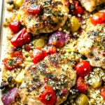 Mediterranean Sheet Pan Chicken recipe, served and ready to eat, easy homemade dinner