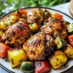 ROASTED GARLIC CHICKEN AND VEGETABLES centered hero view, clean and uncluttered