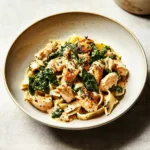 ROTISSERIE CHICKEN AND GREENS PASTA centered hero view, clean and uncluttered