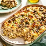 ROTISSERIE CHICKEN MUSHROOM AND RICE CASSEROLE centered hero view, clean and uncluttered