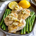SHEET PAN CHICKEN ASPARAGUS LEMON centered hero view, clean and uncluttered
