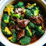 SLOW COOKER BEEF AND BROCCOLI centered hero view, clean and uncluttered