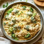 SOUPER CREAMY BROCCOLI CHEDDAR CHICKEN RICE centered hero view, clean and uncluttered