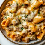 ONE PAN CHEESY BEEF SHELLS recipe, served and ready to eat, easy homemade dinner