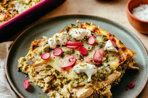 SALSA VERDE CHICKEN CASSEROLE centered hero view, clean and uncluttered