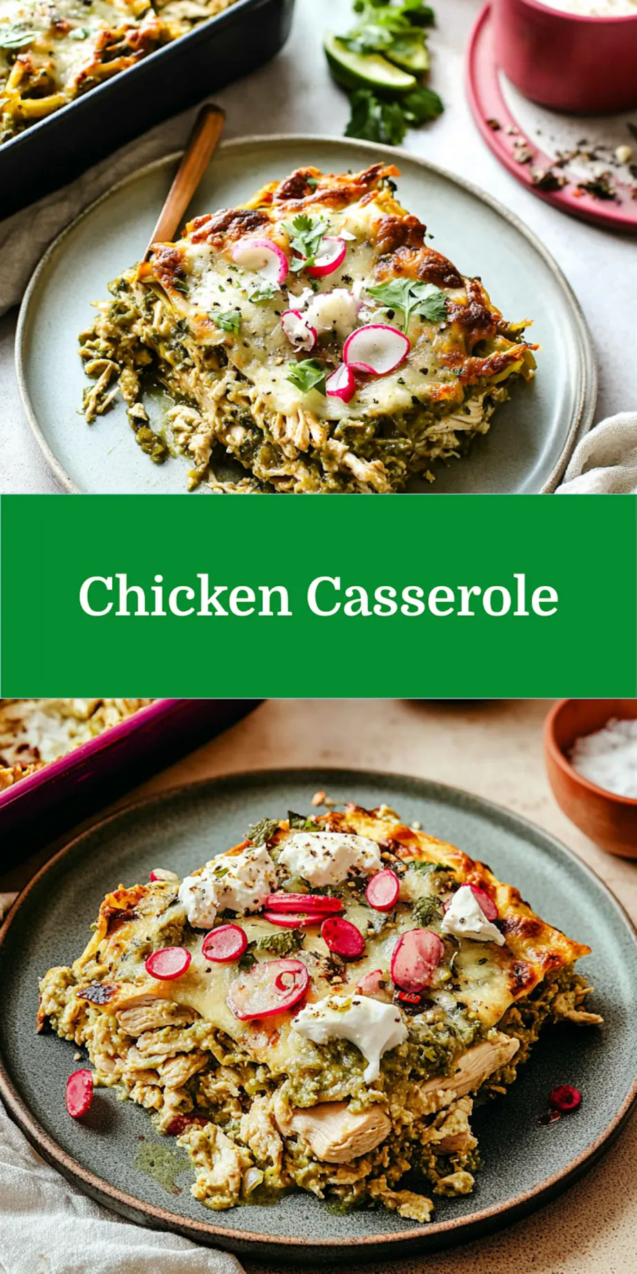 SALSA VERDE CHICKEN CASSEROLE centered hero view, clean and uncluttered_pin