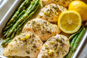 Sheet Pan Chicken Asparagus Lemon Easy Weeknight Dinner SHEET PAN CHICKEN ASPARAGUS LEMON centered hero view, clean and uncluttered