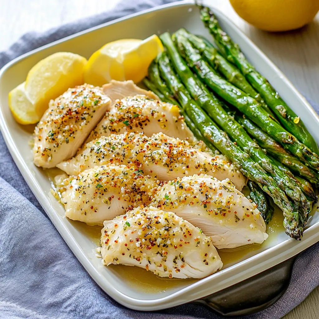 Sheet pan chicken asparagus lemon centered hero view, clean and uncluttered