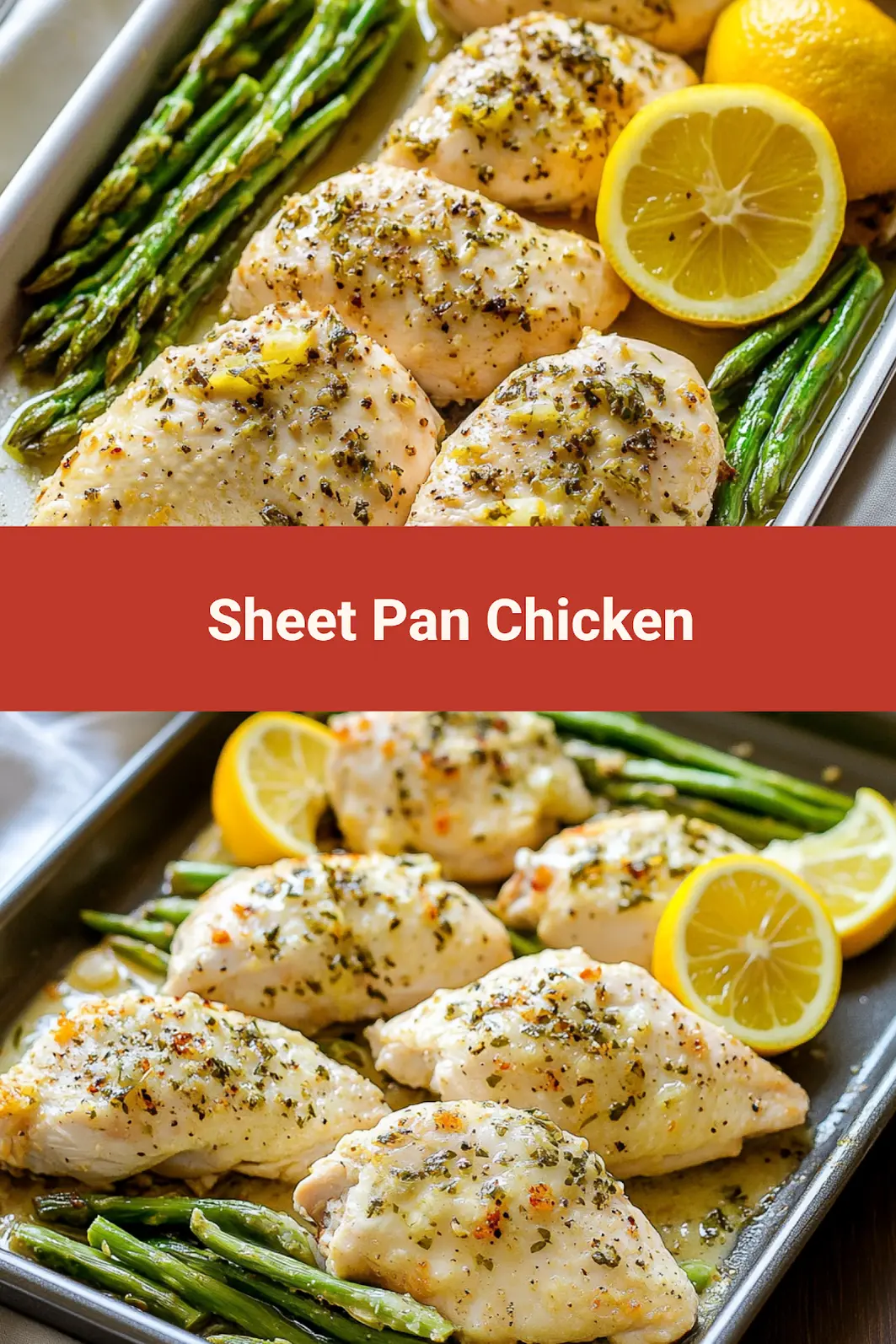 Sheet pan chicken asparagus lemon centered hero view, clean and uncluttered