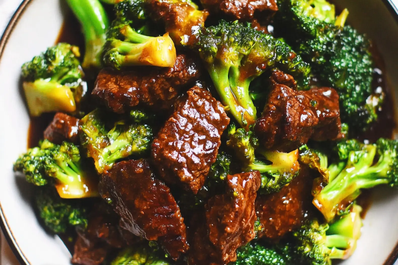 SLOW COOKER BEEF AND BROCCOLI centered hero view, clean and uncluttered