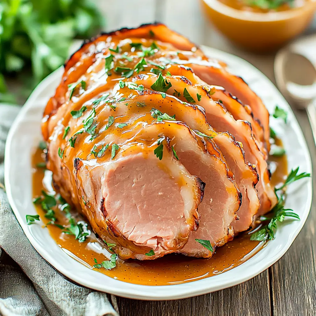 Slow cooker Easter ham with honey mustard glaze, glossy and golden, centered on a serving platter