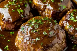 Slow Cooker Salisbury Steak Easy Cozy Dinner SLOW COOKER SALISBURY STEAK centered hero view, clean and uncluttered