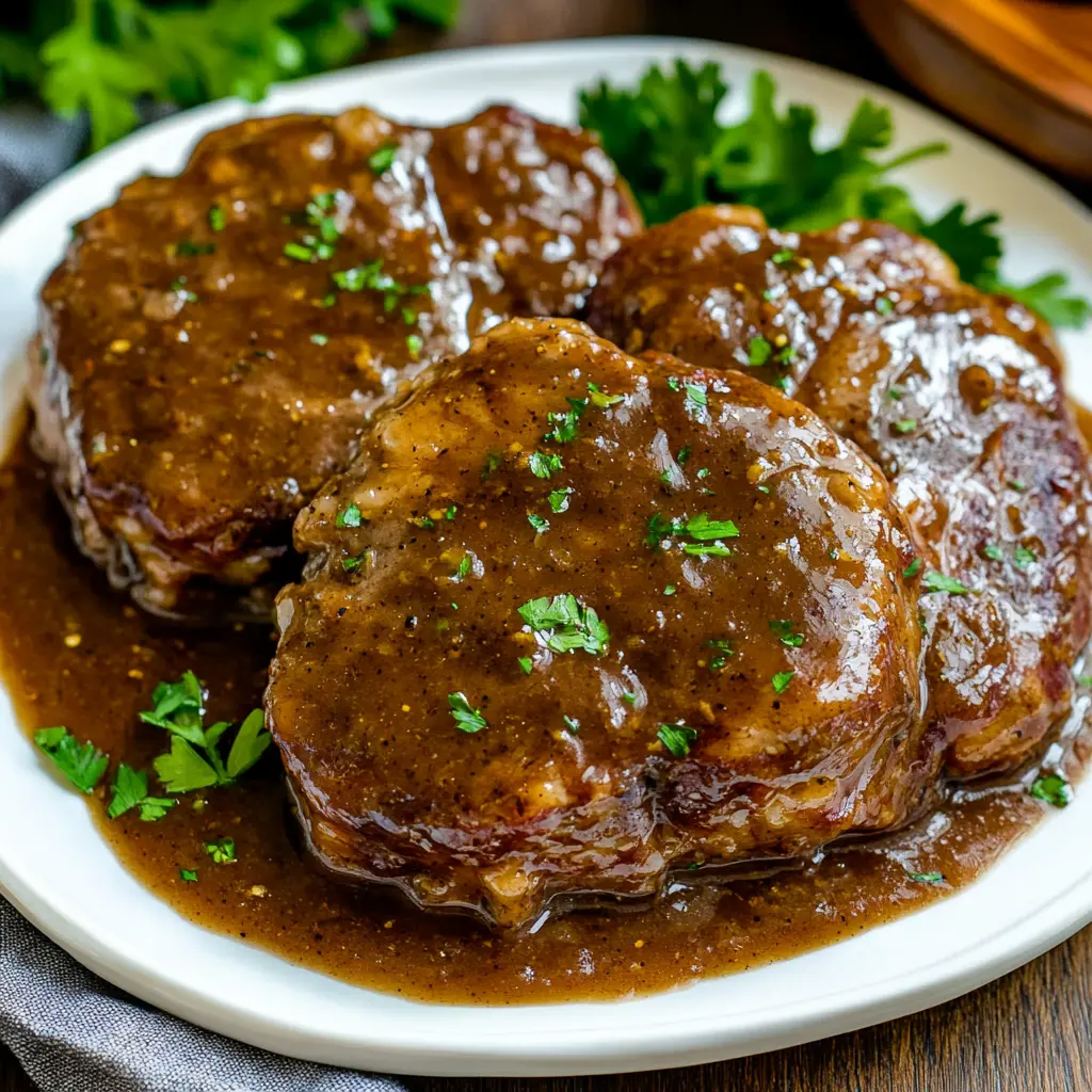 Slow Cooker Salisbury Steak Easy Cozy Dinner 6 SLOW COOKER SALISBURY STEAK centered hero view, clean and uncluttered