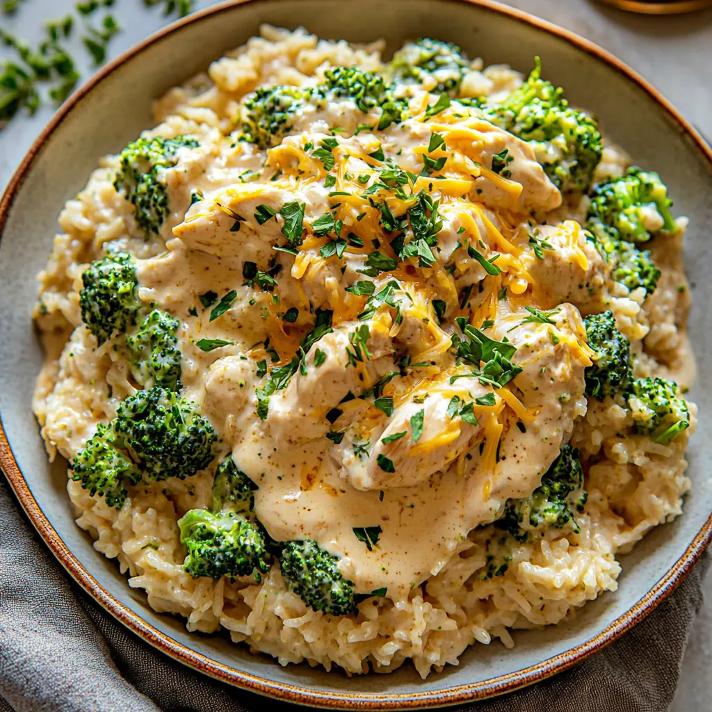 Souper Creamy Broccoli Cheddar Chicken Rice Easy Weeknight Dinner 6 SOUPER CREAMY BROCCOLI CHEDDAR CHICKEN RICE centered hero view, clean and uncluttered