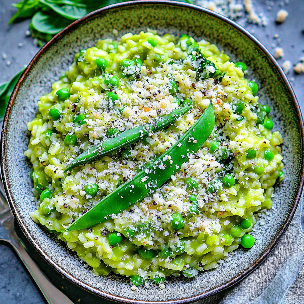 Spring pea risotto served in a bowl, bright green peas and creamy rice