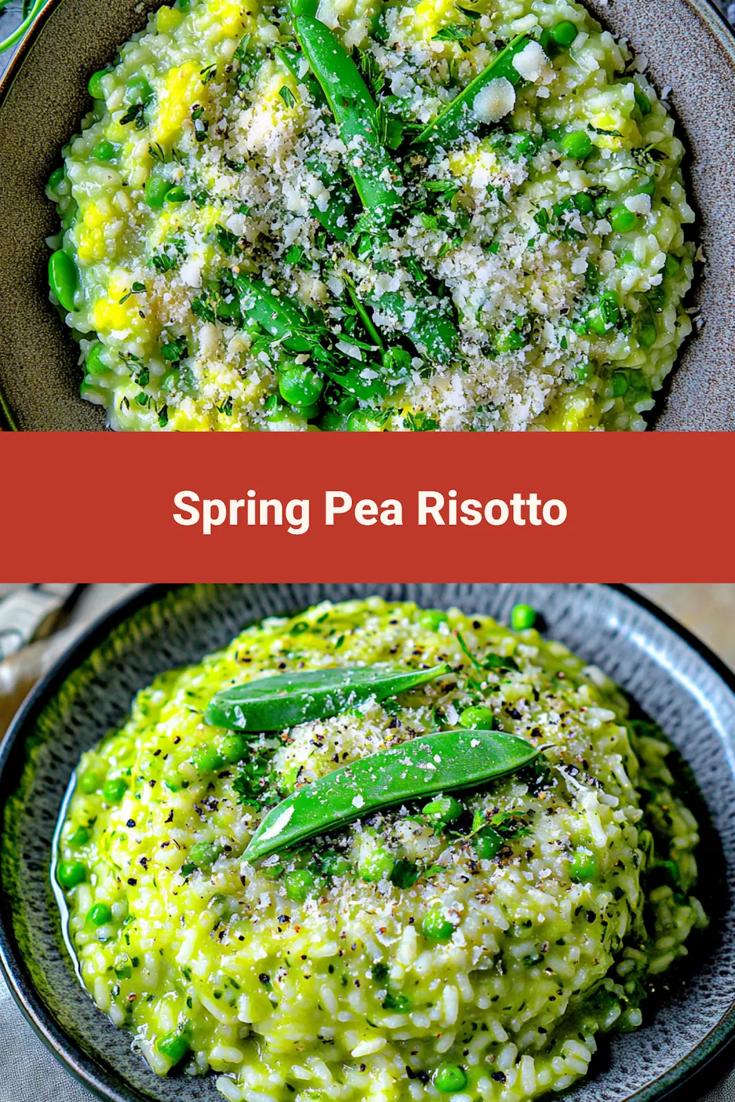 Spring pea risotto in a bowl with lemon and mint garnish, perfect for Pinterest