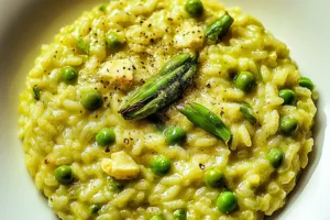 SPRING RISOTTO WITH ASPARAGUS AND PEAS centered hero view, clean and uncluttered