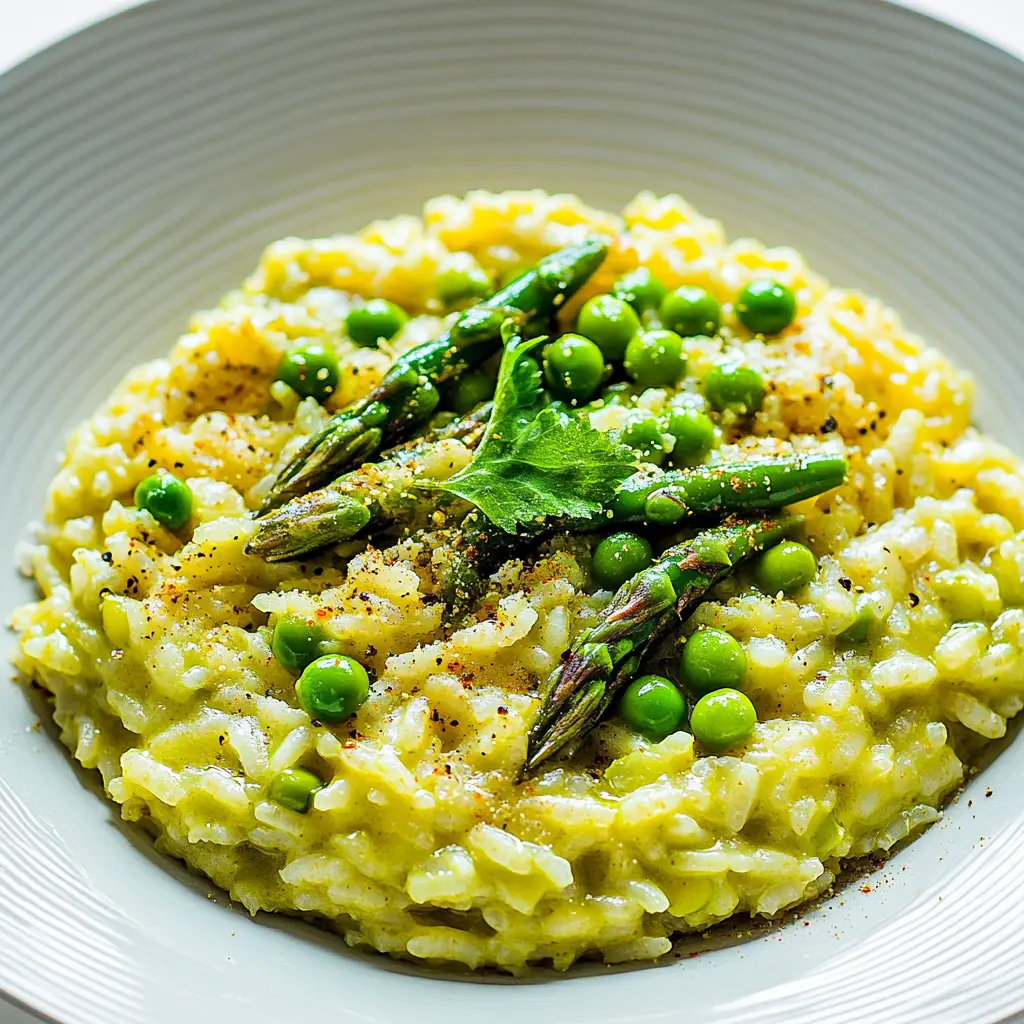 Spring risotto with asparagus and peas centered hero view, clean and uncluttered