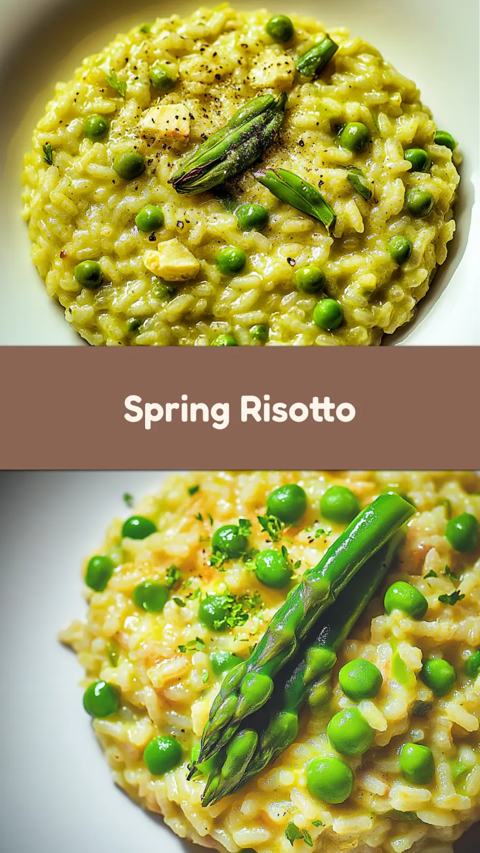 Spring risotto with asparagus and peas centered hero view, clean and uncluttered