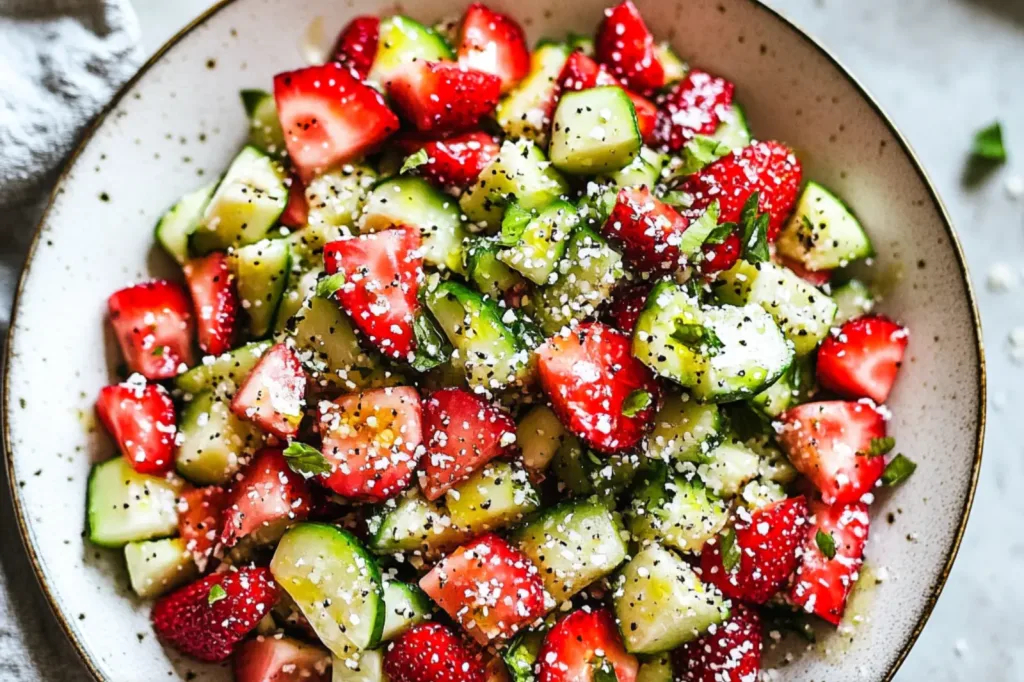 STRAWBERRY CUCUMBER SALAD centered hero view, clean and uncluttered