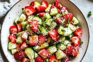STRAWBERRY CUCUMBER SALAD centered hero view, clean and uncluttered