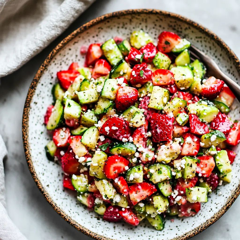 STRAWBERRY CUCUMBER SALAD centered hero view, clean and uncluttered