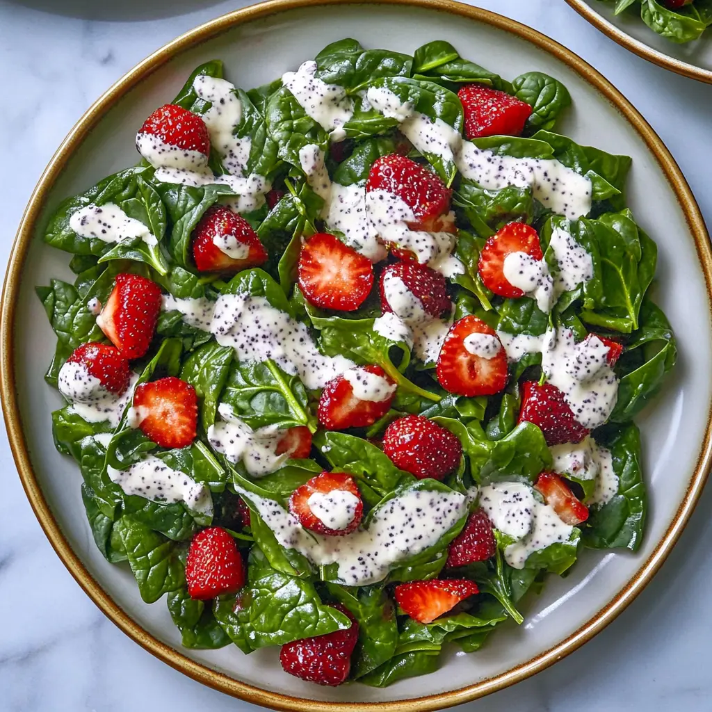 Strawberry spinach salad with poppy seed dressing centered hero view, clean and uncluttered