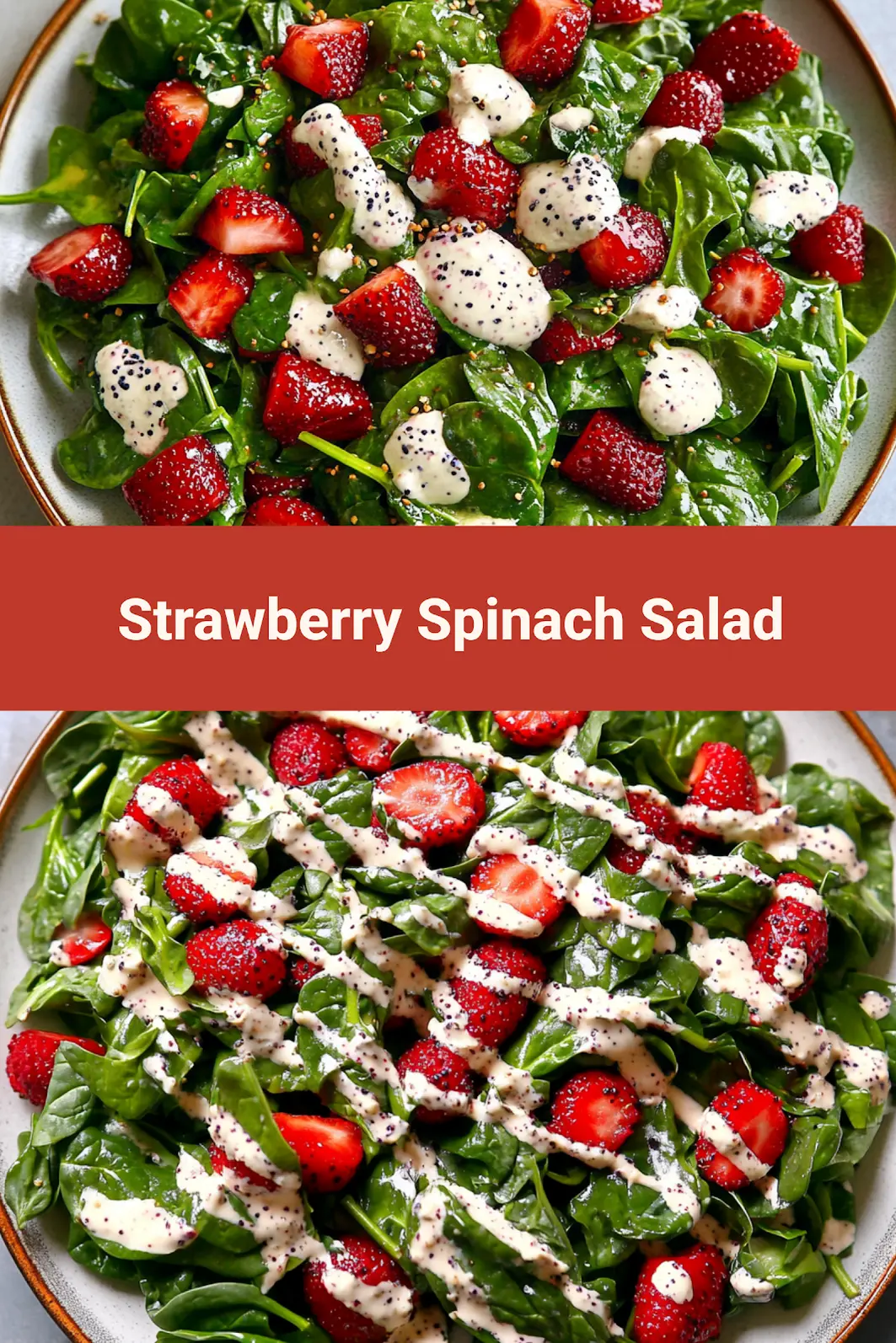 Strawberry spinach salad with poppy seed dressing centered hero view, clean and uncluttered