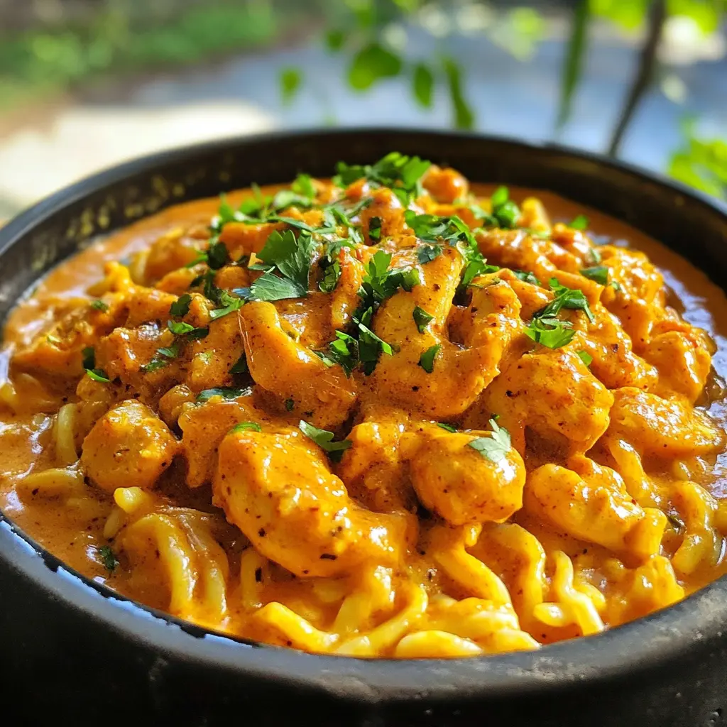 Thai inspired coconut red curry chicken udon in a bowl, clean and appetizing presentation