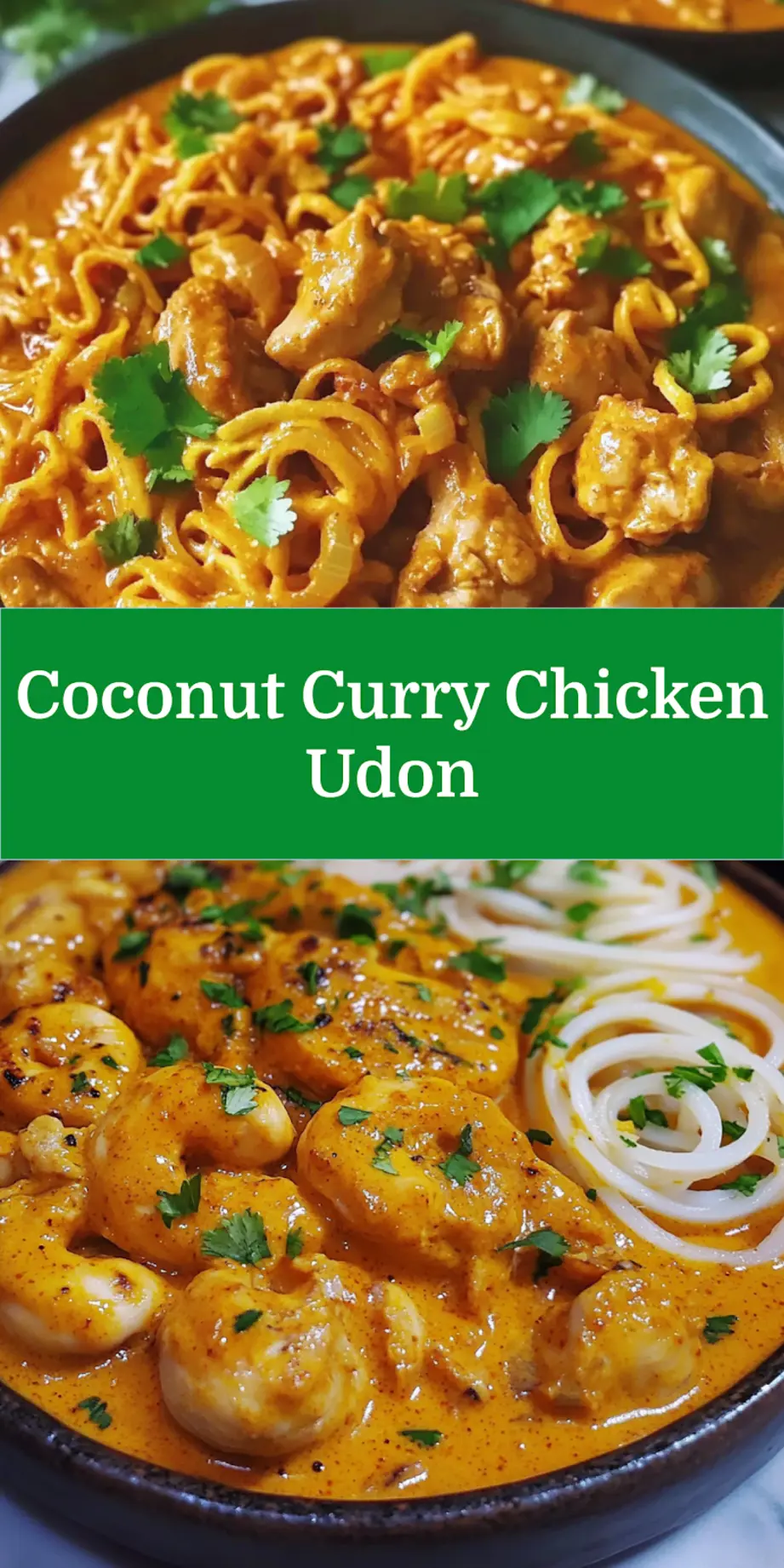 Thai inspired coconut red curry chicken udon in a bowl, pin-ready presentation