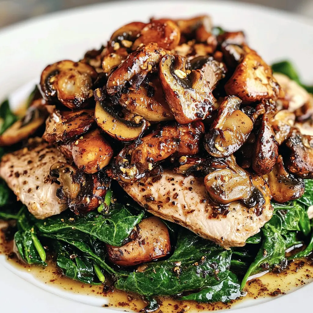 Turkey Spinach Mushroom Easy Weeknight Dinner Recipe 6 Turkey spinach mushroom skillet centered hero view, clean and uncluttered