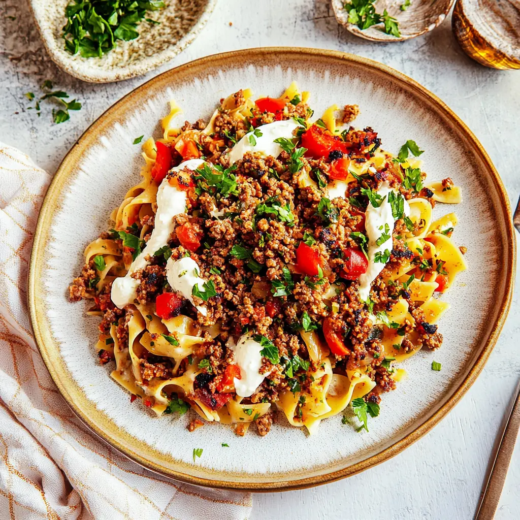 TURKISH PASTA GROUND MEAT recipe, served and ready to eat, easy homemade dinner