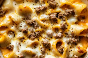 ONE PAN CHEESY BEEF SHELLS recipe, served and ready to eat, easy homemade dinner