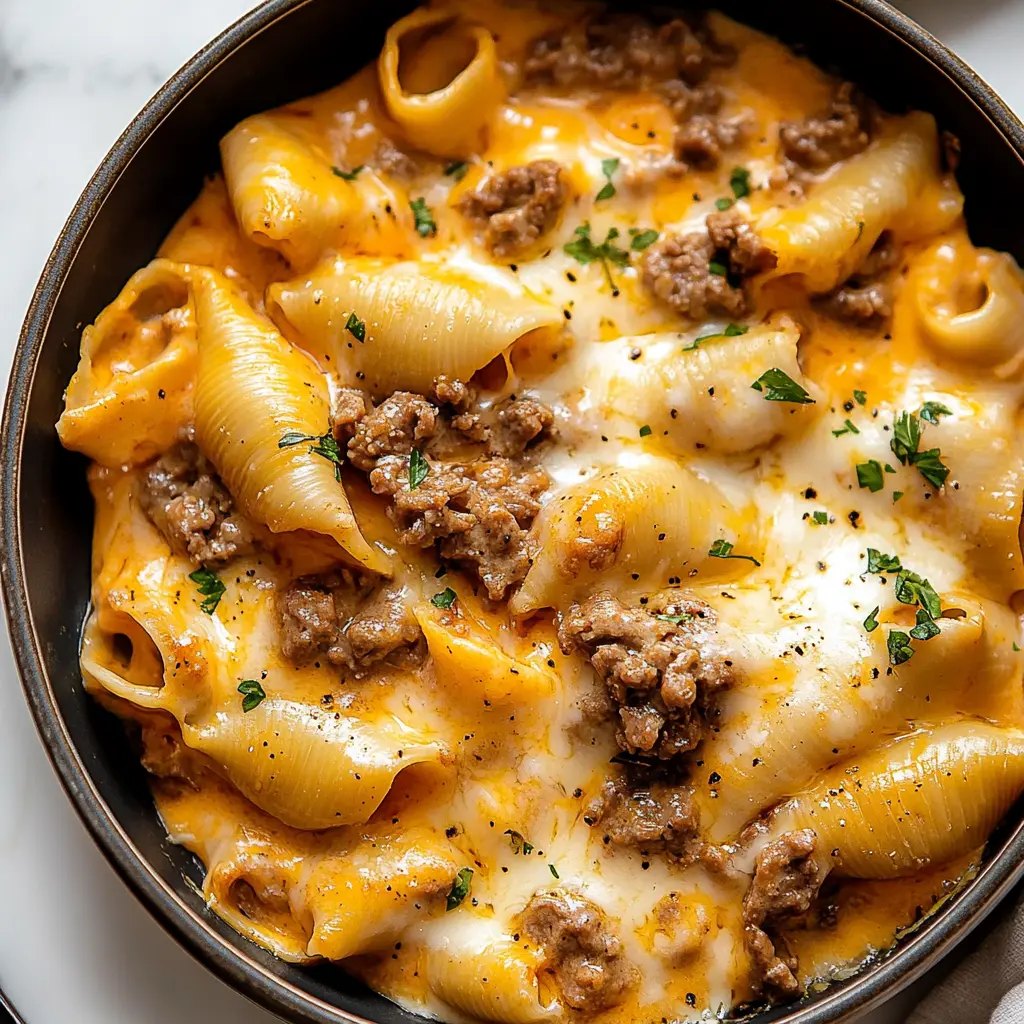 One Pan Cheesy Beef Shells Comforting Easy Family Favorite 5 One Pan Cheesy Beef Shells recipe, served and ready to eat, easy homemade dinner